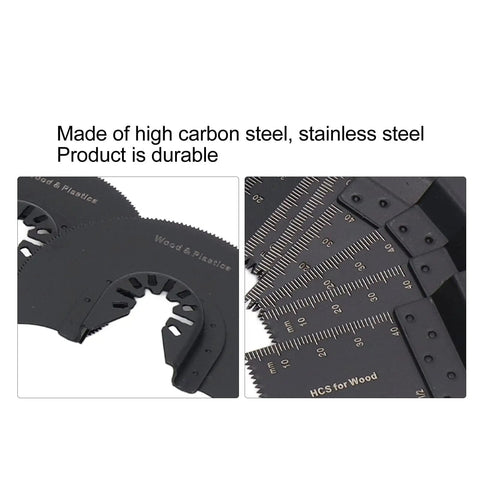 Close-up of 18 Piece Oscillating Multitool Blades Set With Universal Fit For Most Brands, showing high carbon steel material