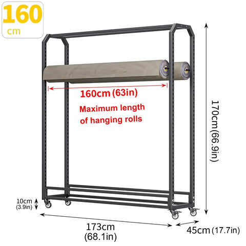 Hella Durable Adjustable Steel Rolling Shelf For Bulk Vinyl Wallpaper And Window Film Storage Featuring Smooth Riding Casters, dimensions shown.