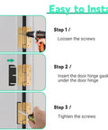 Installation steps for 10 Pack Black Door Hinge Shims, 3.5 Inch Spacers, with tool placing shim under door hinge for door alignment.