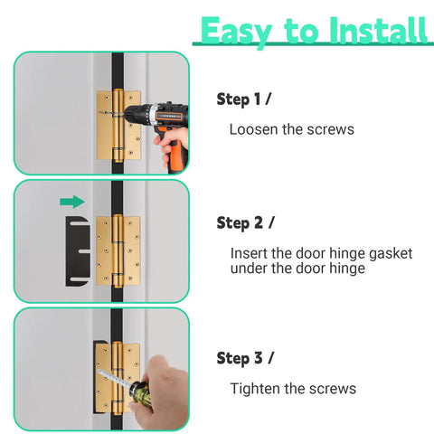 Installation steps for 10 Pack Black Door Hinge Shims, 3.5 Inch Spacers, with tool placing shim under door hinge for door alignment.