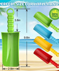 9 Inch Beach Sand Shovels Set For Kids And Grown Ups, Heavy Duty Solid ABS Spades with colorful non-slip handles shown on beach.