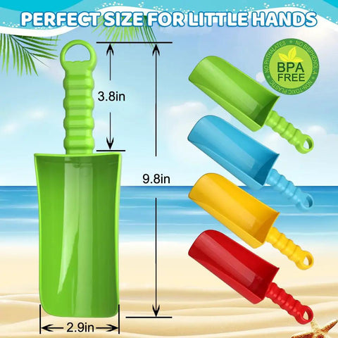 9 Inch Beach Sand Shovels Set For Kids And Grown Ups, Heavy Duty Solid ABS Spades with colorful non-slip handles shown on beach.