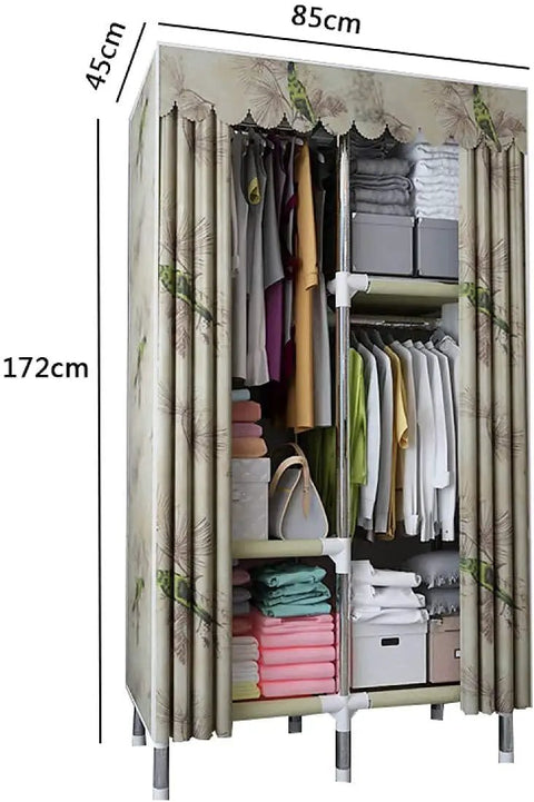 Portable Hanging Closet Wardrobe Organizer With Heavy Duty Fabric Build And Slick Quick Setup For Shoes Hats And Coats A Premium Space Saving Storage Rack In Bright Yellow Finish, shown open with clothing and shelves inside.