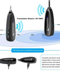 Diagram showing 2.4GHz Waterproof Wireless Headset Microphone System for Fitness Instructors and Online Teaching with range details.