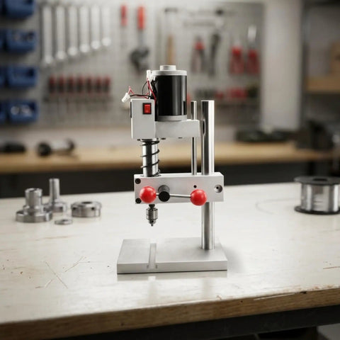 FytStycale Mini Bench Drill Press Heavy Metal Body Rectangular Base With Jt0 Chuck Flat Vise Power Supply Speed Controller on workbench.