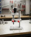 Compact Mini Bench Drill Press With Lever Operated Head And Rectangular Base on a workbench, ideal for DIY and detailed craft tasks.