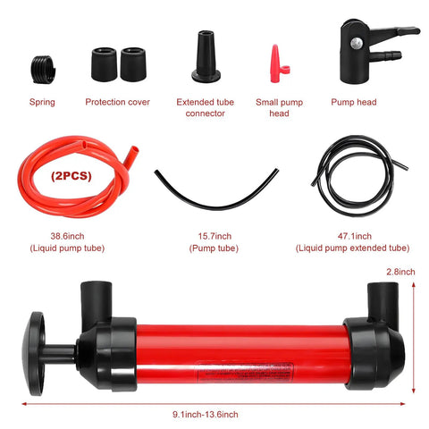 Rock Solid Car Siphon Pump And Fluid Transfer Kit Extracts Gasoline And Oil Dead Simple With Heavy Duty PVC Hose set components.