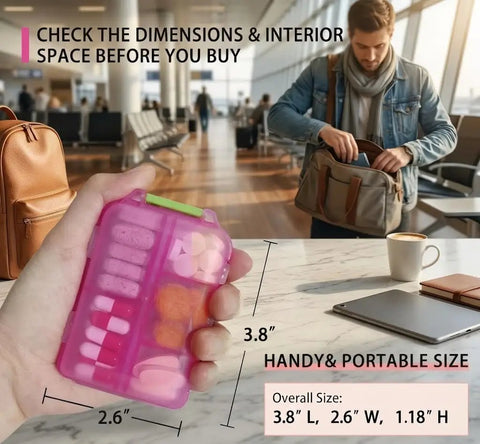 7 Day Pill Organizer With Color Coded Labels Travel Pill Case showing compact size in hand and man packing bag in background