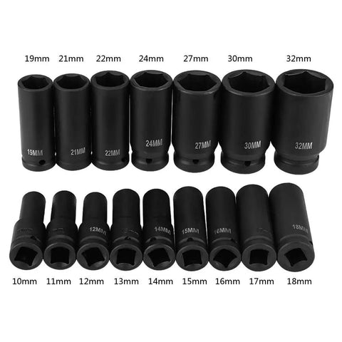 Pro 16-Piece 1/2 Inch Drive Hex Bit Socket Set For Auto Repair CrMo Steel Heavy Duty Impact Tool Kit With Size Imprints For Quick Grabbing, 10-32mm