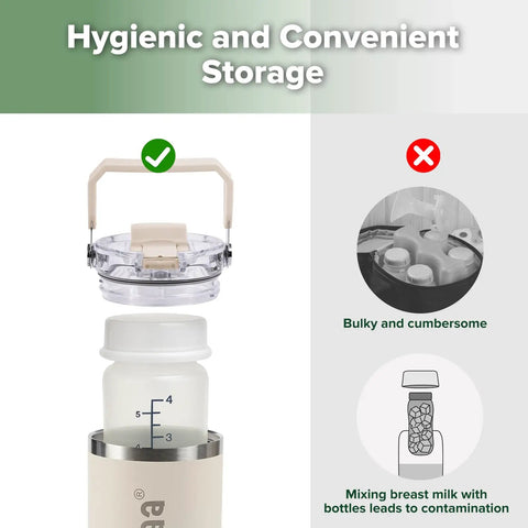 Hygienic and convenient storage of the Double Wall Portable Breastmilk Cooler With Thirty Oz Capacity.