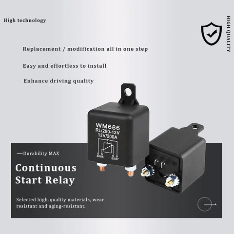 Straight Up Heavy Duty Car Starter Relay 200 Amp 12 Volt 4 Pin SPST Switch shown with compact design and durable nylon housing.