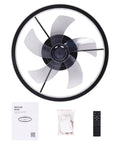 20 Inch Low Profile Ceiling Fan With Lights And Remote in Dope Black Finish with manual, remote, and installation kit visible