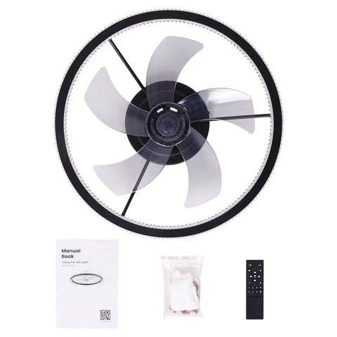 20 Inch Low Profile Ceiling Fan With Lights And Remote in Dope Black Finish with manual, remote, and installation kit visible