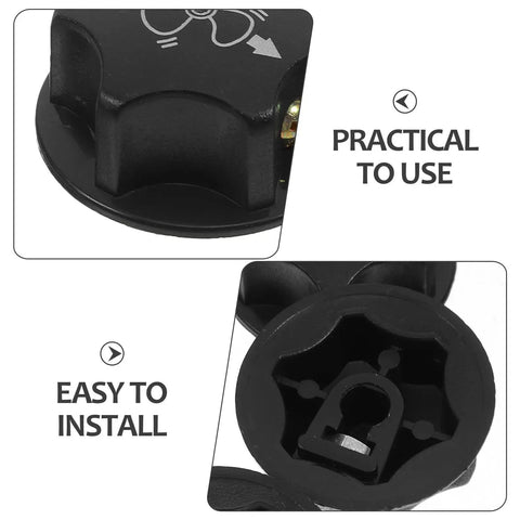 Universal Black Fan Control Knobs 10 Pack Replacement Caps for Floor Fans in Warehouse and Office Use Durable Plastic Construction Built to Last with Smooth Rotary Control and Easy Grip for Tough as Nails Heavy Duty Everyday Cooling close-up, easy install