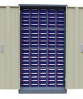 Heavy Duty Multi Drawer Storage Cabinet Built Tough For Nuts And Bolts Sorting with open doors, featuring vibrant labeled bins.