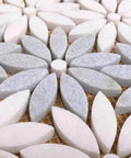 Daisy flower pattern marble mosaic tiles, leaf-shaped white and light celeste blue Thassos waterjet cut, 10 sheets