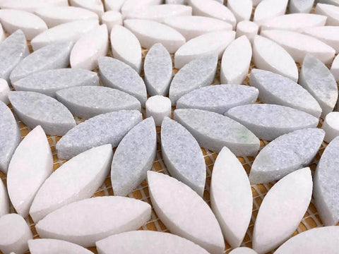 Daisy flower pattern marble mosaic tiles, leaf-shaped white and light celeste blue Thassos waterjet cut, 10 sheets