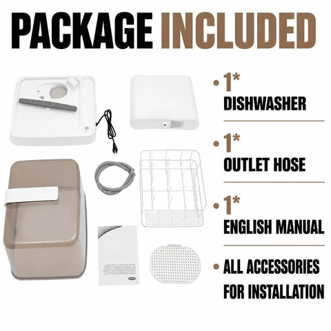 Package contents for Top Shelf Portable Countertop Dishwasher With Attached Water Tank And Three Rapid Wash Cycles High Heat Clean For Dorms Apartments And Camper Vans Smooth Operator No Sweat Routine.