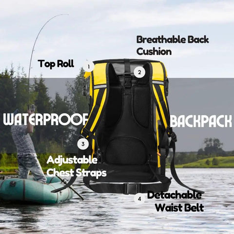 Back view of Waterproof Dry Bag Backpack For Kayaking 35L Roll Top Floating Dry Sack showcasing straps and features