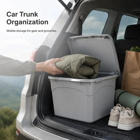 Heavy Duty Stackable Storage Totes With Secure Hinged Lids And Smooth Rolling Casters Plus Reinforced Side Handles For Clutter Free Closet Organization And Dorm Spaces in a car trunk with a green blanket being stored.