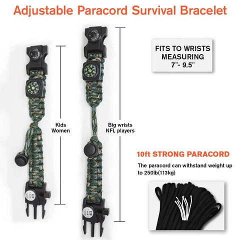 21 In 1 Survival Paracord Bracelet Kit With SOS LED Light Fire Starter Bigger Compass Whistle Thermometer adjustable sizes