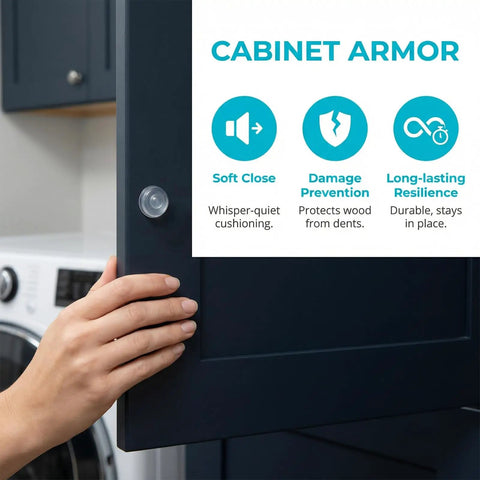 Close-up of Straight Up Solid 164 Piece Pack Of Clear Self Adhesive Silicone Cabinet Door Bumpers on a cabinet door.