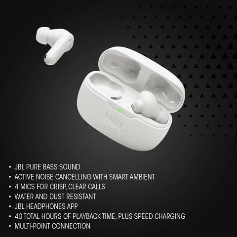 White Vibe Beam 2 True Wireless Earbuds with Active Noise Cancelling and Smart Ambient, open charging case, side view
