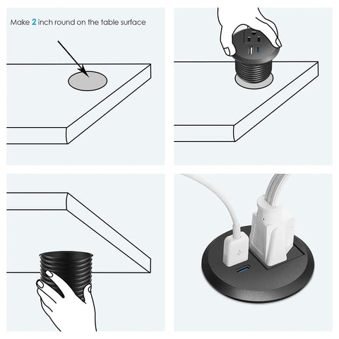 Recessed Desk Power Grommet With 20W Usb C Pd Fast Charging installation guide showing 2 inch hole and mounting process.