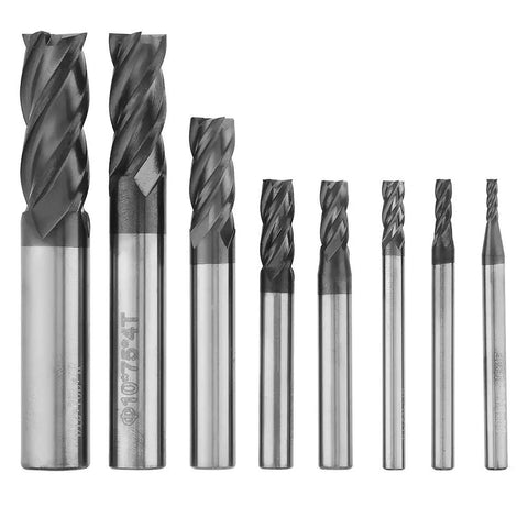 8 Piece Carbide End Mill Set 2 to 12 mm Tungsten Steel Milling Cutters High Speed Tool Kit displayed in ascending order