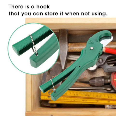 PVC Pipe Cutter With Ratchet Mechanism, Aluminum Alloy Body, Ergonomic Handle in a toolbox, storage hook detail.