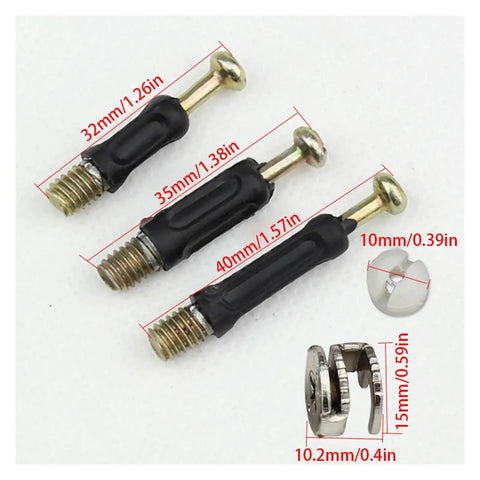 Three In One Furniture Connector Kit with bolts and nuts, 50 sets for right angle cabinet panel assembly, metal hardware close-up