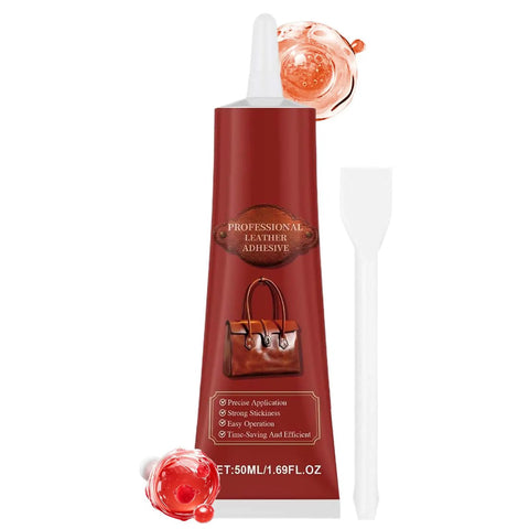 Clear Leather Repair Tape With Strong Flexible Adhesive And Scraper, red adhesive tube with nozzle and white scraper.