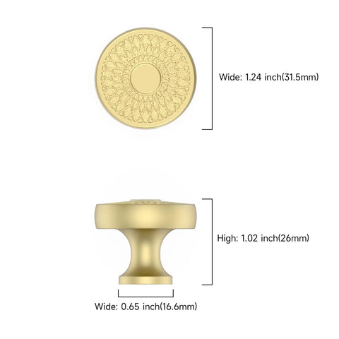 Detailed measurements of Brushed Gold Cabinet Knobs 10 Pack For Kitchen Cabinets And Dresser Drawers Gold Hardware Pulls Ready To Install Durable And Stylish Makeover Boss Style Great For Quick Kitchen Renovations And Dresser Updates.