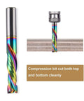 Side view of rainbow DLC-coated spiral router bit with 1/4 in cutting diameter, 1/4 in shank, 1 in cutting length for wood carving.