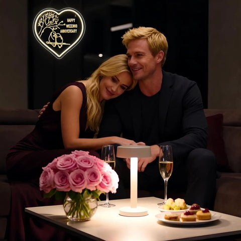 Couple relaxing with romantic lighting and a heart-shaped 'Happy Wedding Anniversary' neon sign in the background.
