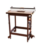Premium Heavy Duty Router Table Featuring Rock Solid Cast Iron Worktop And Slick Adjustable Fence Assembly For Precision Woodworking Projects and A Sweet Shop Upgrade with rolling base.