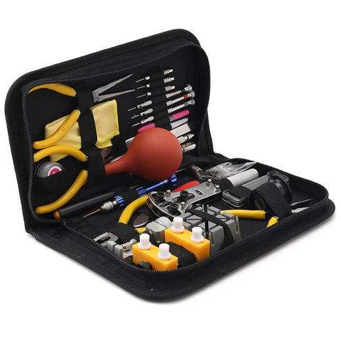 Open Pro Grade Watch Repair Tool Kit For DIYers 141 Piece Set, showing tools like back case opener and tweezers in carry case.