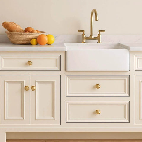 Champagne Bronze Cabinet Knobs Set Of 10 For Kitchen And Furniture, One And A Quarter Inch Single Hole Zinc Alloy Knobs on drawer