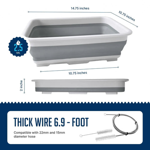 Hose And Mask Cleaning Kit With Extra Thick 6.9 Foot Tubing Brush Collapsible Wash Basin, 2.5-gallon capacity, with dimensions
