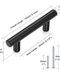 5 Pack Black Bar Cabinet Pulls Two And One Half Inch Center To Center, Four Inch Overall Length, Stainless Steel T Bar Handles For Kitchen Cabinets, Doors, And Dressers, Sleek Modern Hardware, Durable And Easy To Install. Black cabinet pull with 64mm hole centers, 100mm length, and screws