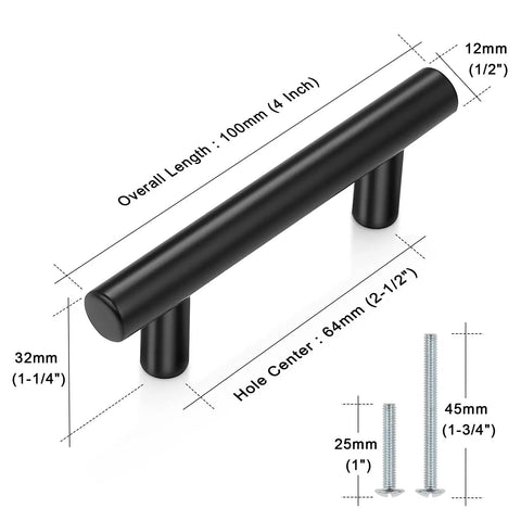 5 Pack Black Bar Cabinet Pulls Two And One Half Inch Center To Center, Four Inch Overall Length, Stainless Steel T Bar Handles For Kitchen Cabinets, Doors, And Dressers, Sleek Modern Hardware, Durable And Easy To Install. Black cabinet pull with 64mm hole centers, 100mm length, and screws