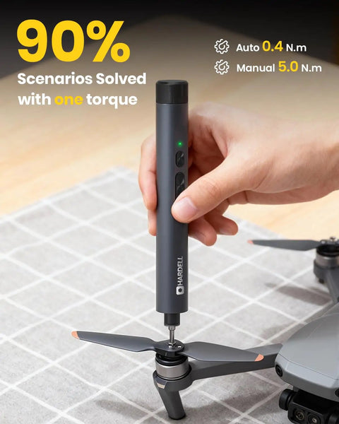 Slick Cordless Mini Electric Screwdriver Kit With 123 Precision Bits And Compact Roll Up Case For Phone Laptop Camera Watch Repair Jobs No Sweat Quick Fixes Straight Up Top Shelf Tech Gear in use on drone propeller.
