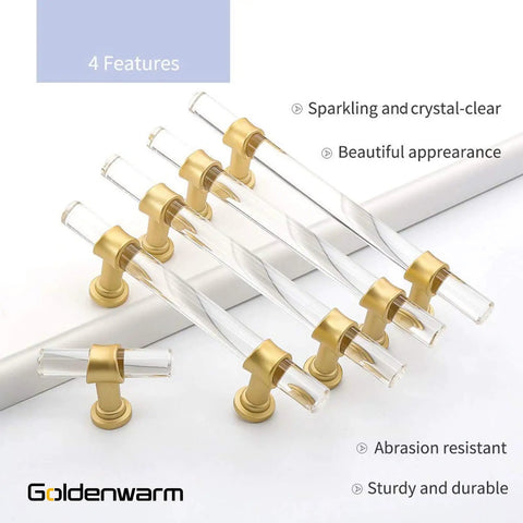 30 Pack Six And A Quarter Inch Clear Acrylic Cabinet Pulls With Matte Gold Finish for kitchen cupboards and bathrooms