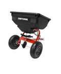 85 Lb Tow Behind Broadcast Spreader With Direct Rod Control Wide 4 To 8 Ft Spread Heavy Duty Frame Adjustable Settings 1 To 7