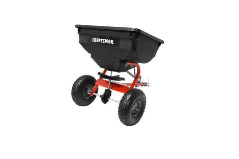 85 Lb Tow Behind Broadcast Spreader With Direct Rod Control Wide 4 To 8 Ft Spread Heavy Duty Frame Adjustable Settings 1 To 7