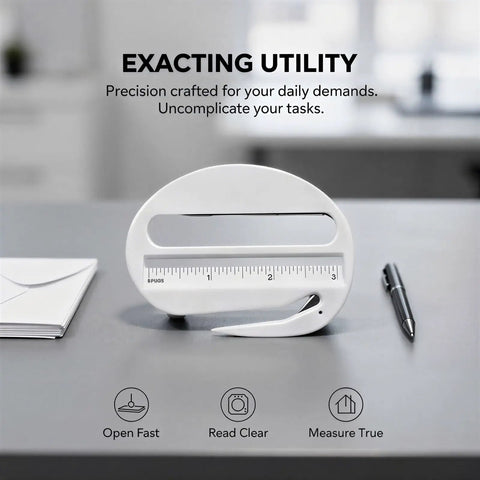 3 In 1 Letter Opener Tool Set With Magnifying Glass And Ruler White Two Pack Compact Mail Slitter on desk with pen and envelope