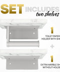 Total Game Changer, Two Shelf Wall Mounted Toilet Paper Holder With Natural Marble Top And Sleek Nickel Finish, includes two marble shelves.