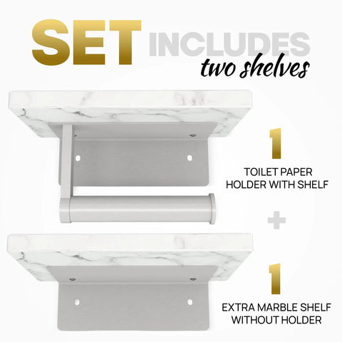 Total Game Changer, Two Shelf Wall Mounted Toilet Paper Holder With Natural Marble Top And Sleek Nickel Finish, includes two marble shelves.