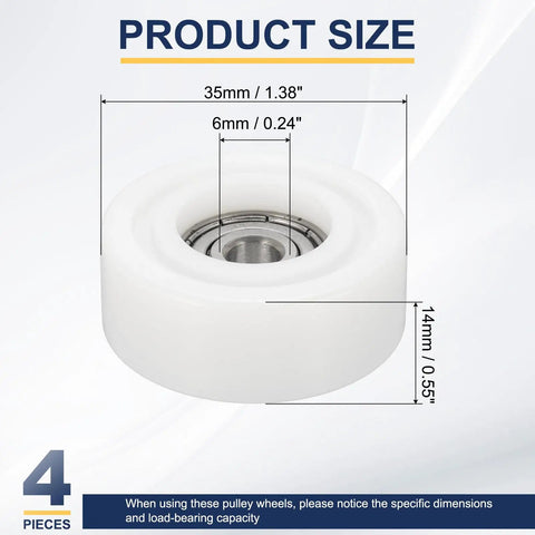 Pro Grade White Roller Idler Bearing Pulleys For Smooth Rolling Sliding Doors Heavy Duty Plastic Shells With Sealed Steel Bearings 4 Pack product size 35mm diameter