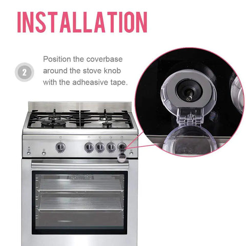 Installation of Clear 6 Pack Stove Gas Knob Covers For Kids Safety on a silver stove, showing adhesive application around knob.